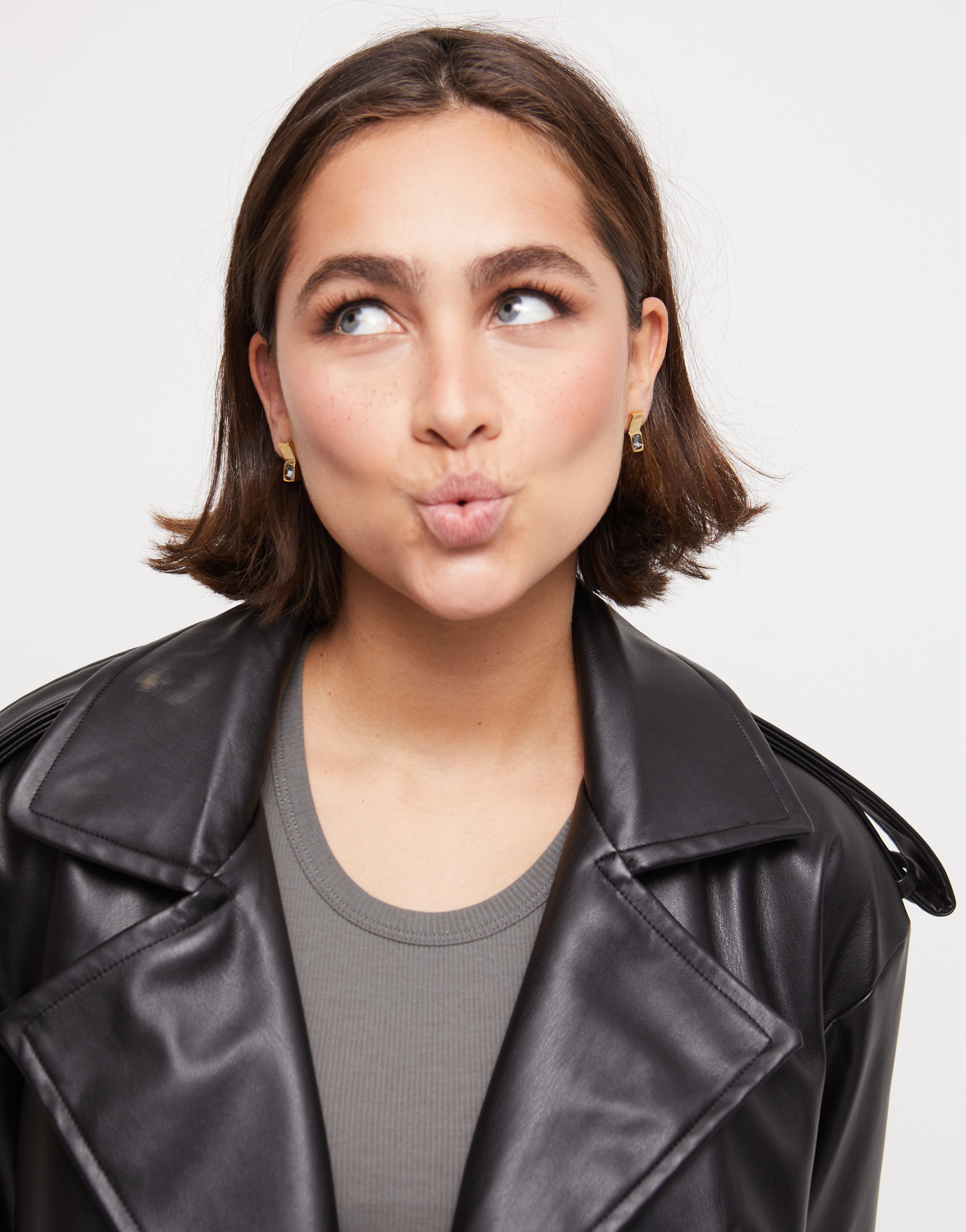 Stud earrings with white crystal, Golden, large thumbnail